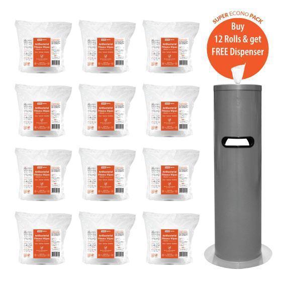 Extra Antibacterial Gym Fitness Wipes + Free Floor Standing Metal Dispenser with Disposal Bin – 12 Roll