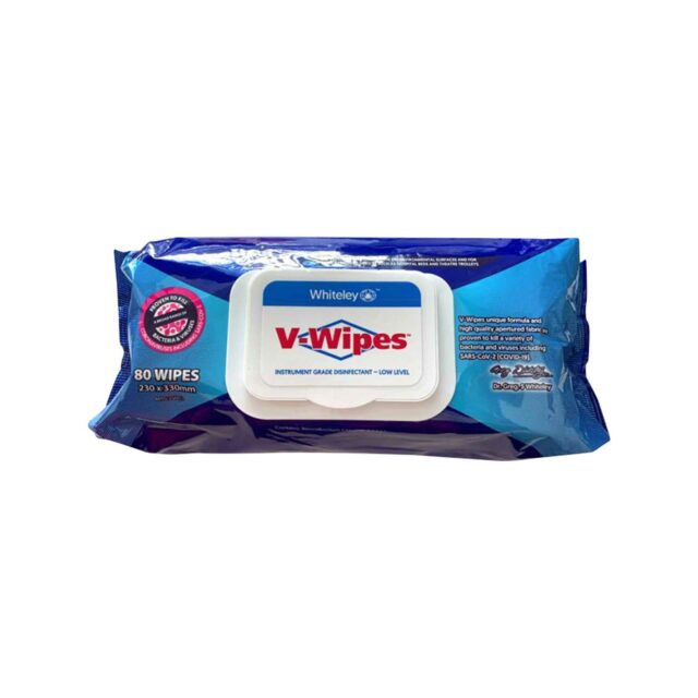 Whiteley V-Wipes Instrument Grade Disinfectant, Low-Level, pH Neutral and Non-Corrosive, 80 Wipes